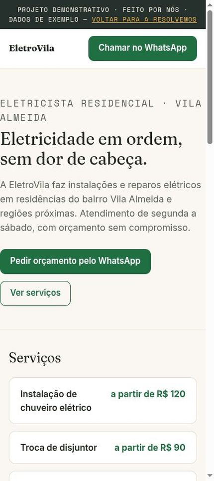 Captura da demonstração de site de apresentação com Google Meu Negócio fictício
