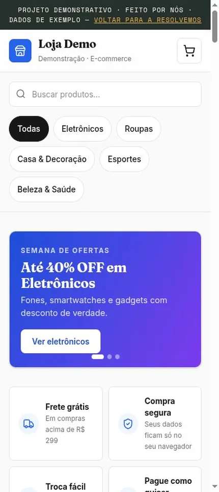 Demonstração de loja online aberta no celular