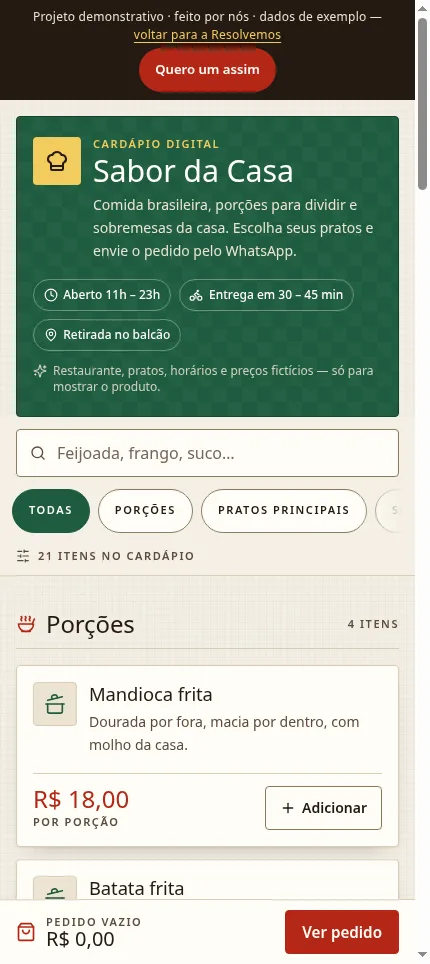 Cardápio do Restaurante Sabor da Casa, projeto demonstrativo